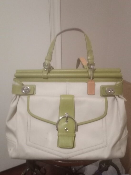 Coach Handbags - Coach Ivory Canvas & Green Leather A043-9367 Hampton Tote Handbag Turnlock